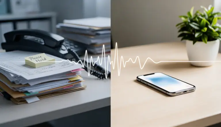 A diptych comparing a cluttered desk with a "Please Hold" note and a landline to a clean desk with a modern smartphone interface.