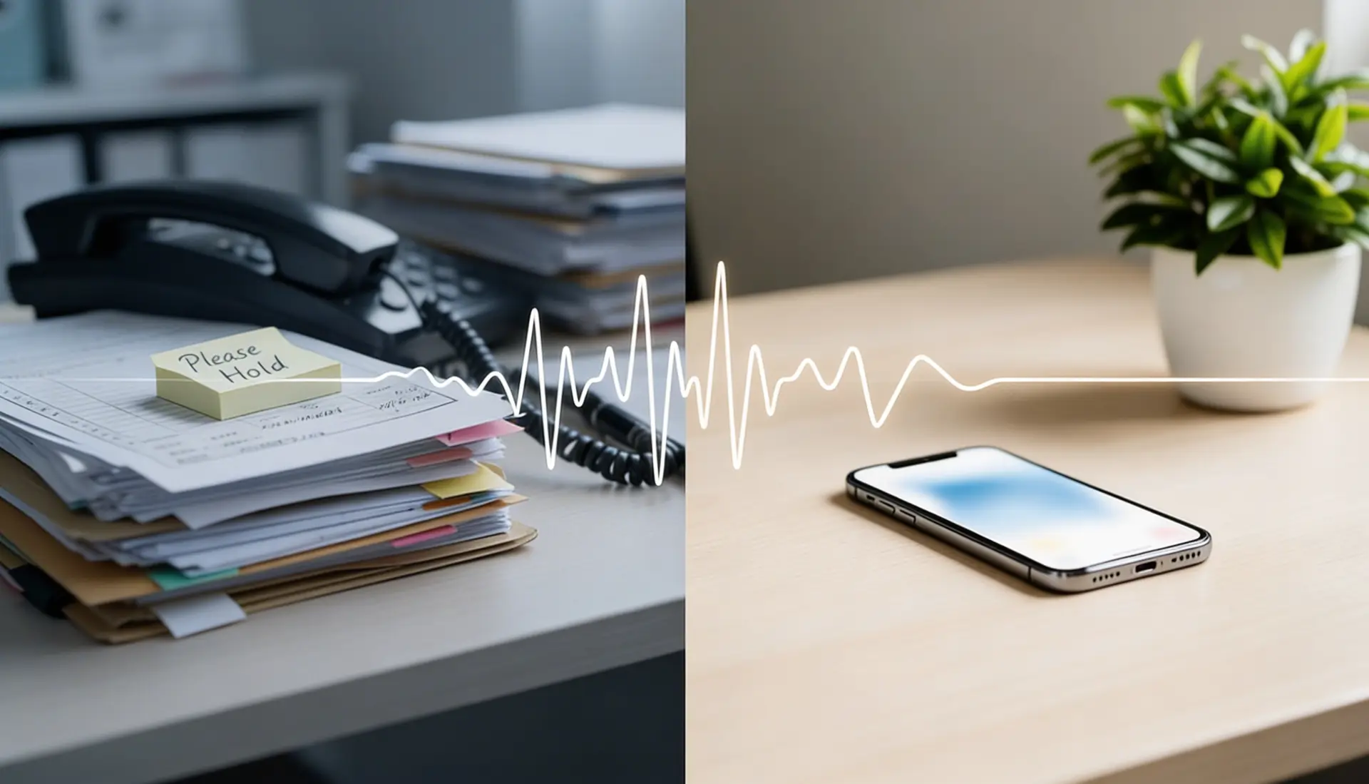 A diptych comparing a cluttered desk with a "Please Hold" note and a landline to a clean desk with a modern smartphone interface.