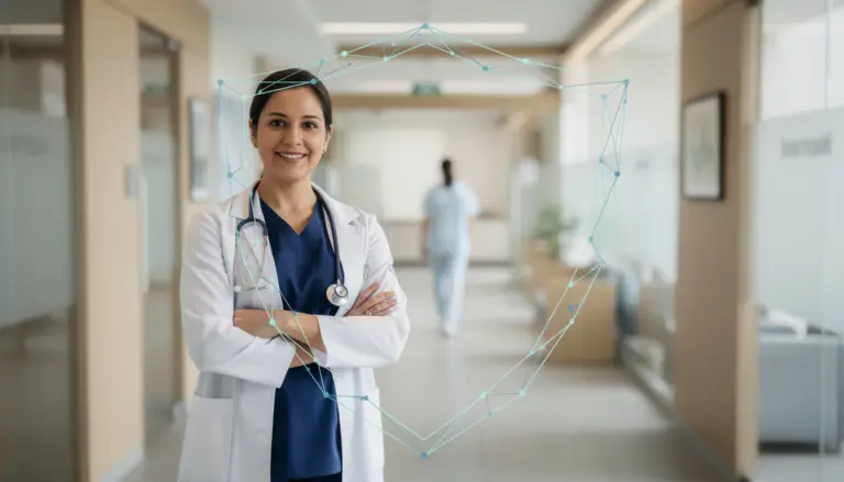 A smiling female doctor in a modern clinic with a digital network graphic overlaying the scene.
