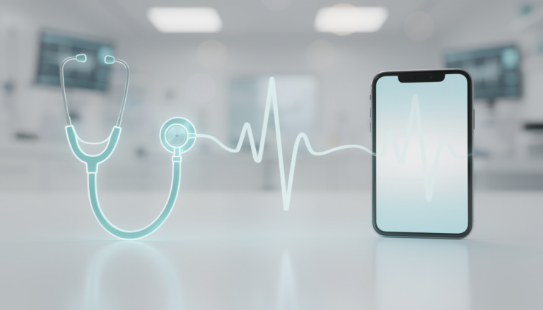 Minimalist digital art of a stethoscope and smartphone representing AI-driven patient engagement.