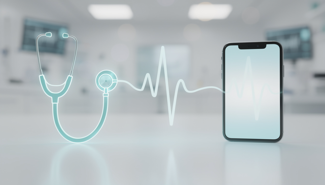 Minimalist digital art of a stethoscope and smartphone representing AI-driven patient engagement.