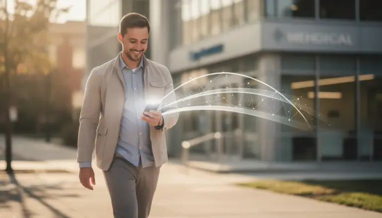 A man smiling at his smartphone with glowing digital connection lines arching toward a modern medical building.