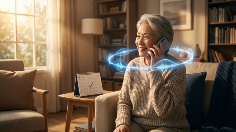 Older adult smiling while talking to a healthcare voice AI on their smartphone, illustrating patient acceptance of AI phone agents.