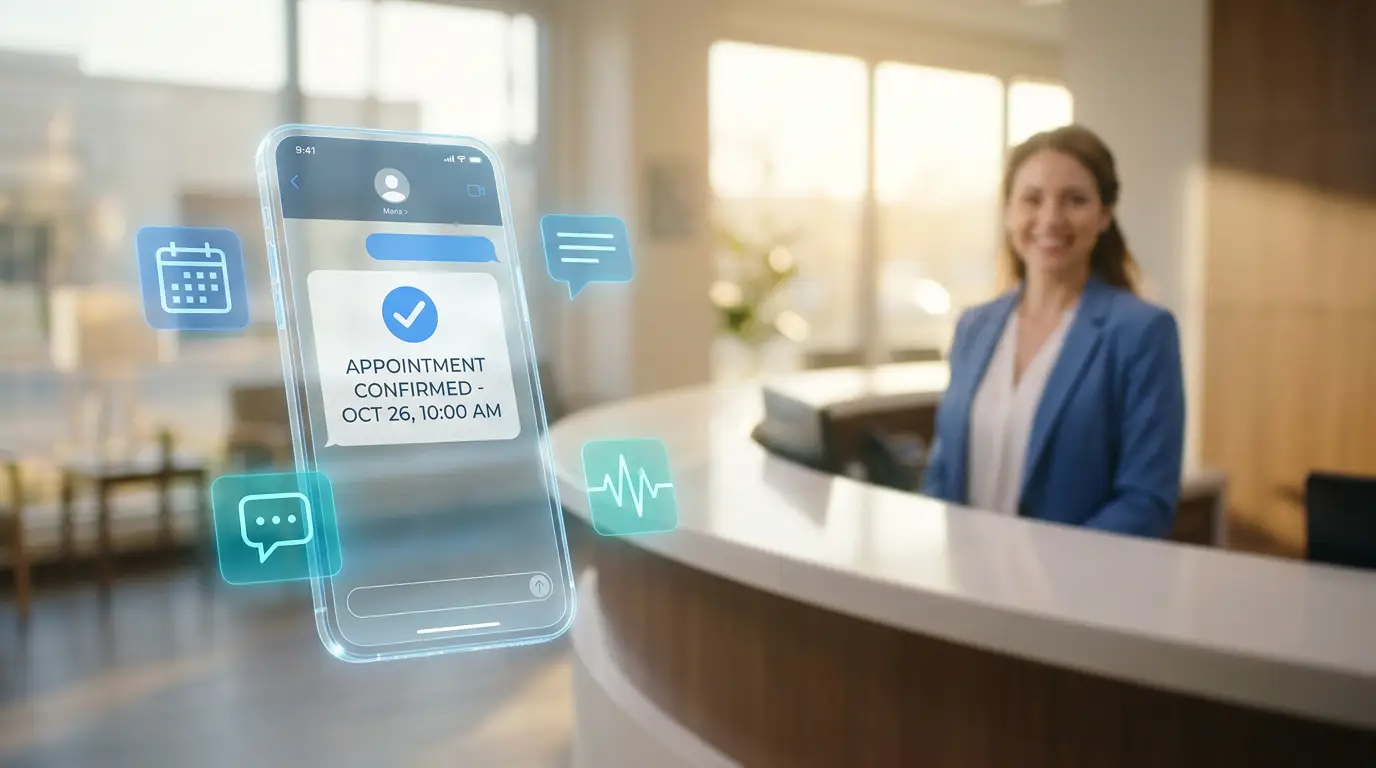 Patient using a smartphone to access a healthcare digital front door, illustrating patient access as a growth strategy.