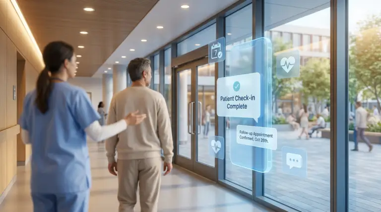 Patient being discharged from hospital with a smartphone follow-up appointment reminder, illustrating automated post-discharge follow-up to reduce 30-day readmissions.