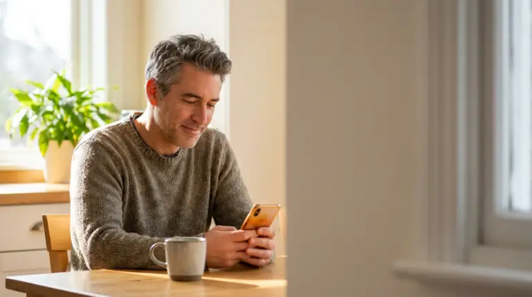 Patient at home reading a patient recall text from his doctor's office about an overdue annual wellness visit