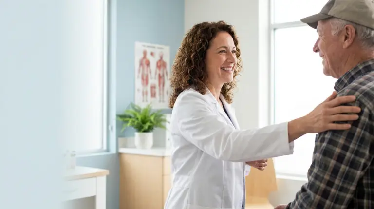 Primary care physician warmly greeting a longtime patient in a bright exam room, reflecting continuity of care."