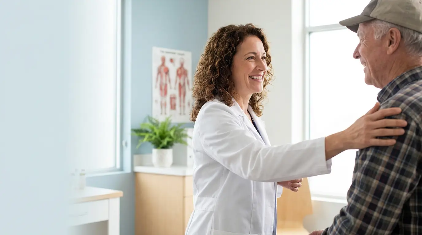 Primary care physician warmly greeting a longtime patient in a bright exam room, reflecting continuity of care."