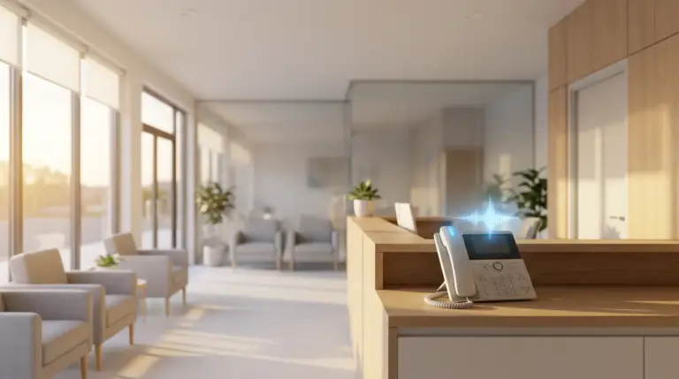 Empty medical office front desk after hours with a phone being answered by an AI voice assistant.
