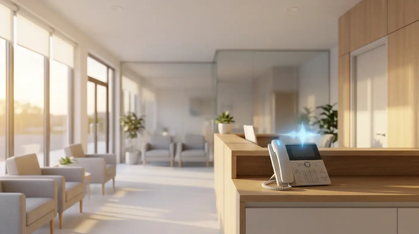 Empty medical office front desk after hours with a phone being answered by an AI voice assistant.
