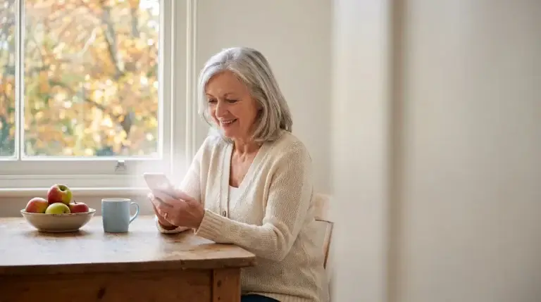 Older woman smiling at a flu shot reminder text from her doctor's office at her kitchen table in autumn