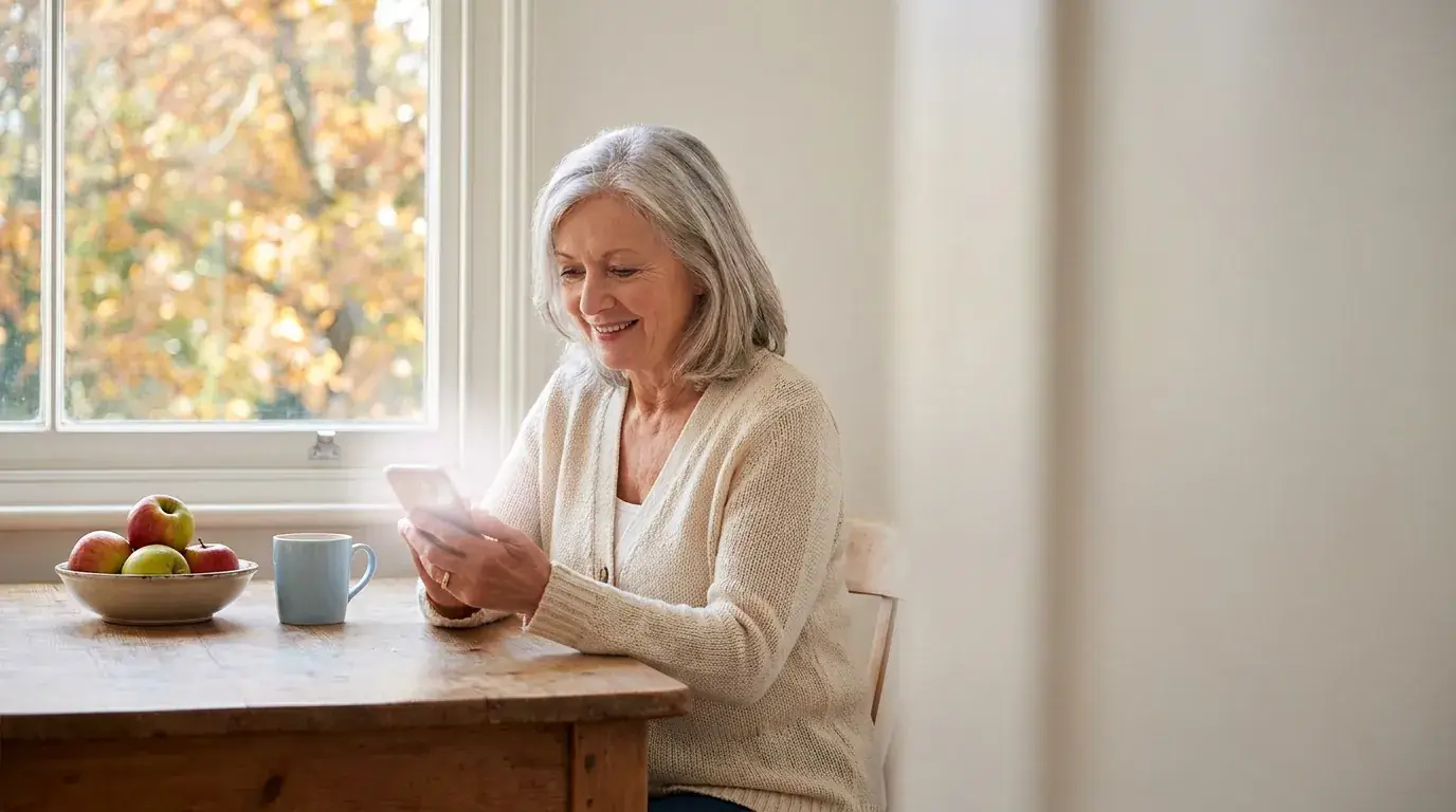 Older woman smiling at a flu shot reminder text from her doctor's office at her kitchen table in autumn