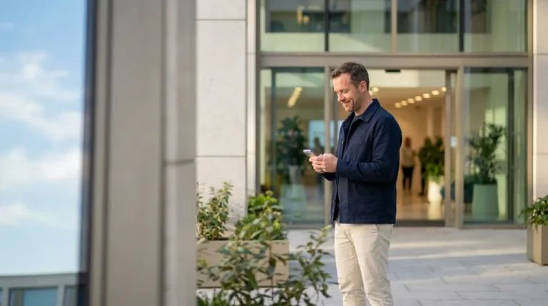 Man replying to a patient satisfaction survey text on his phone outside a medical office after his visit